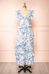 Cressida White & Blue Patterned Midi Dress w/ Ruffles | Boutique 1861 front view