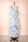 Cressida White & Blue Patterned Midi Dress w/ Ruffles | Boutique 1861 side view