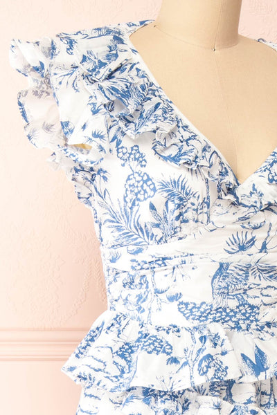 Cressida White & Blue Patterned Midi Dress w/ Ruffles | Boutique 1861 side close-up