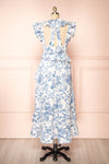 Cressida White & Blue Patterned Midi Dress w/ Ruffles | Boutique 1861 back view