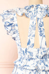 Cressida White & Blue Patterned Midi Dress w/ Ruffles | Boutique 1861 back close-up