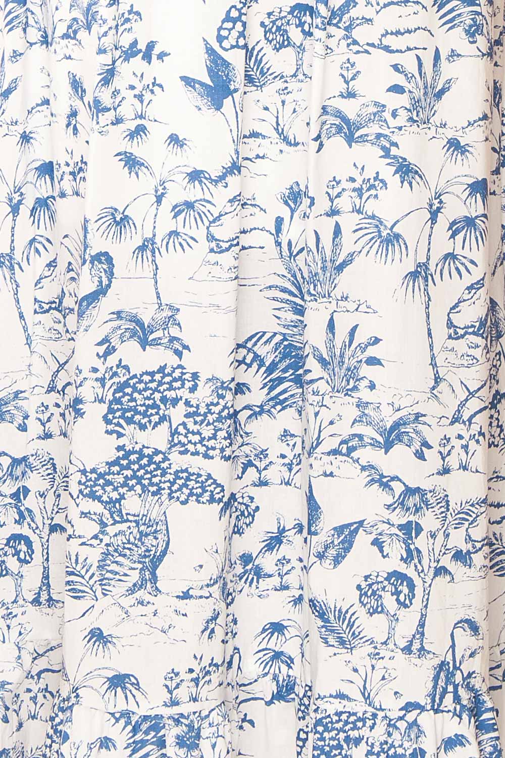 Cressida White & Blue Patterned Midi Dress w/ Ruffles | Boutique 1861 fabric