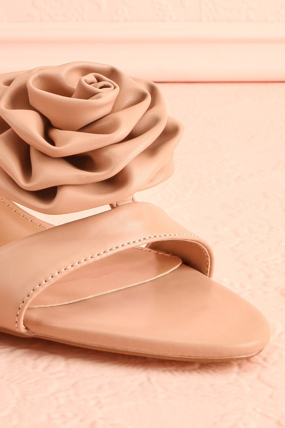 Cristine Beige Faux-Leather Heels w/ Flower Detail | Boutique 1861 front close-up