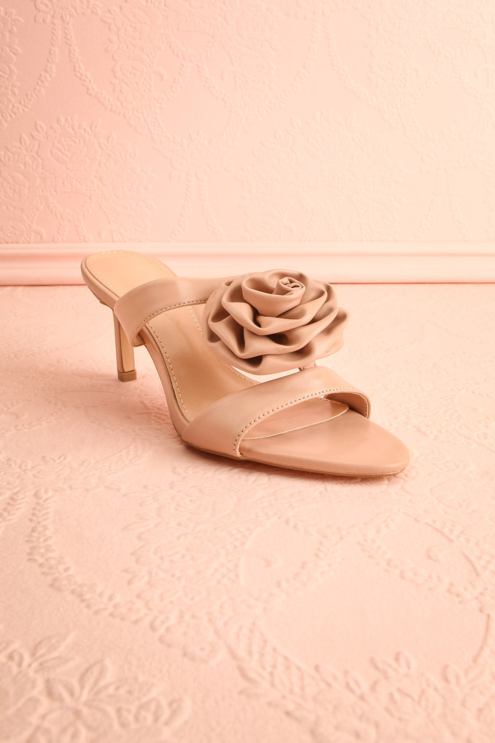 Cristine Beige Faux-Leather Heels w/ Flower Detail | Boutique 1861 ront view