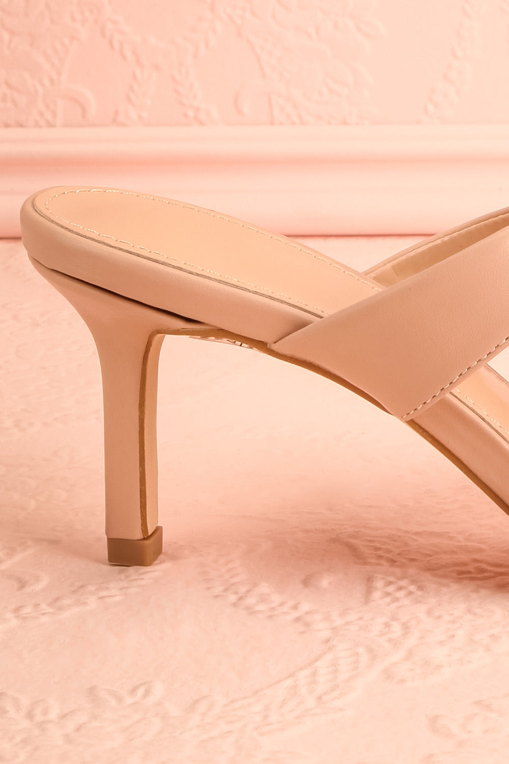 Cristine Beige Faux-Leather Heels w/ Flower Detail | Boutique 1861 side back close-up