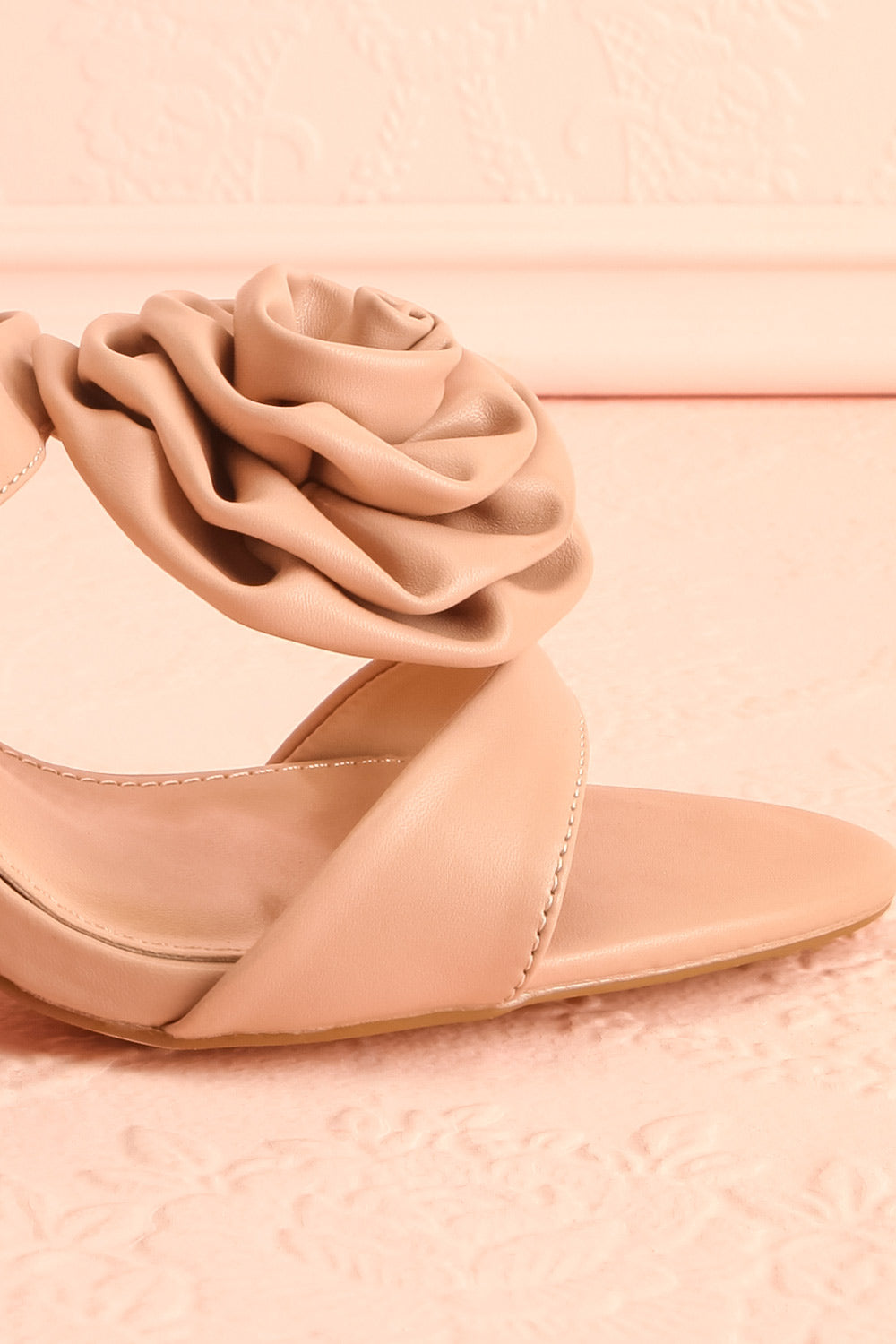 Cristine Beige Faux-Leather Heels w/ Flower Detail | Boutique 1861 side front close-up