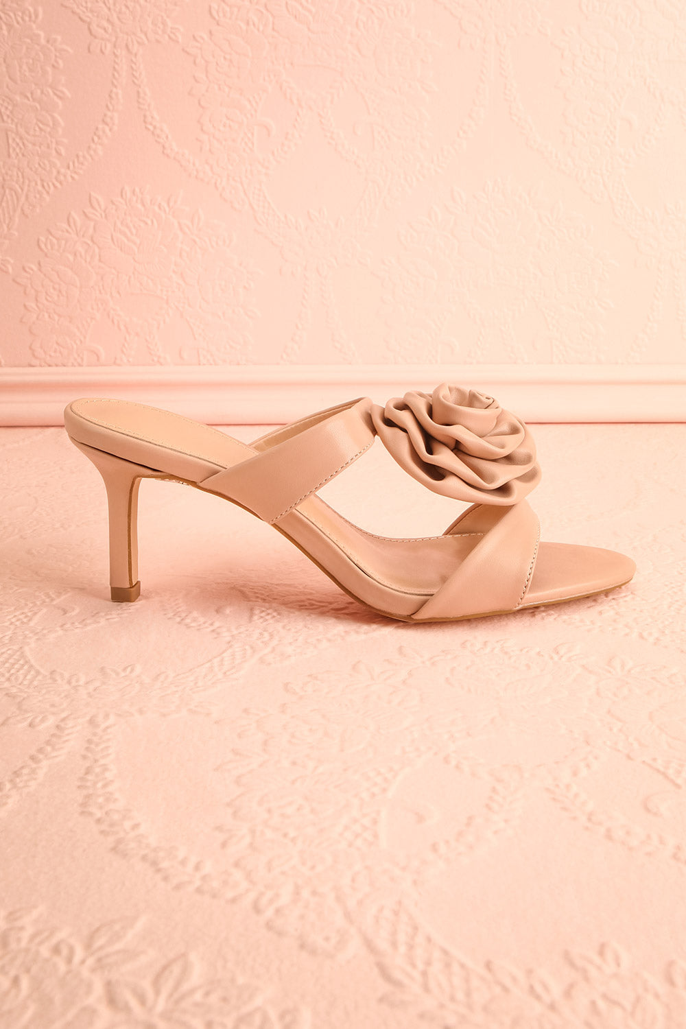 Cristine Beige Faux-Leather Heels w/ Flower Detail | Boutique 1861 side view