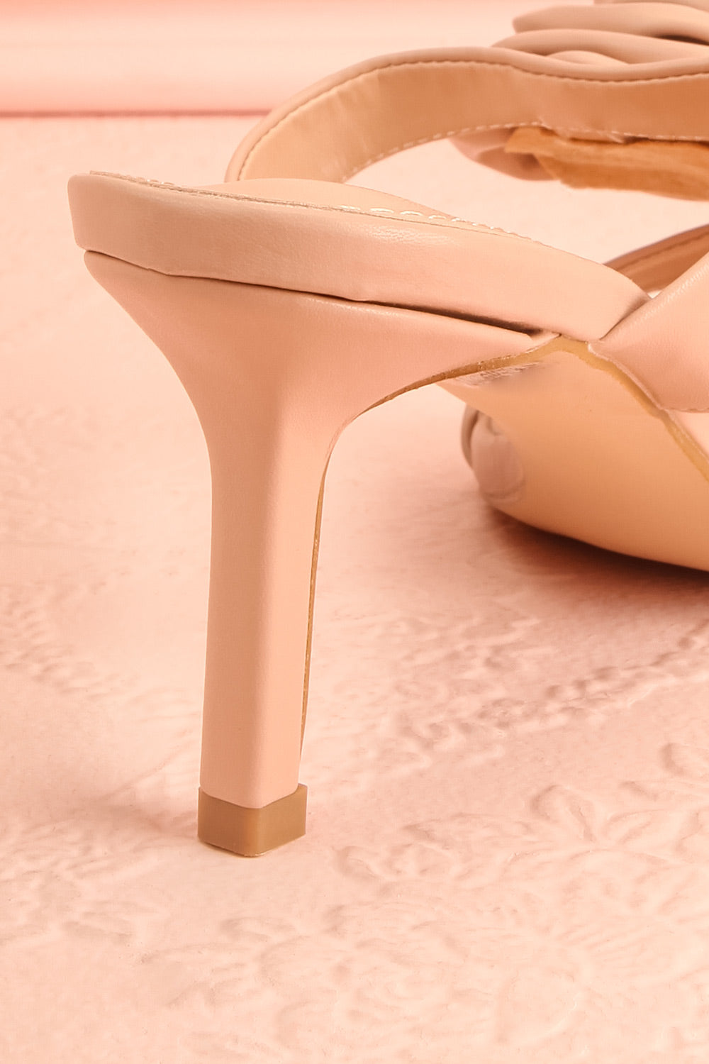 Cristine Beige Faux-Leather Heels w/ Flower Detail | Boutique 1861 back close-up