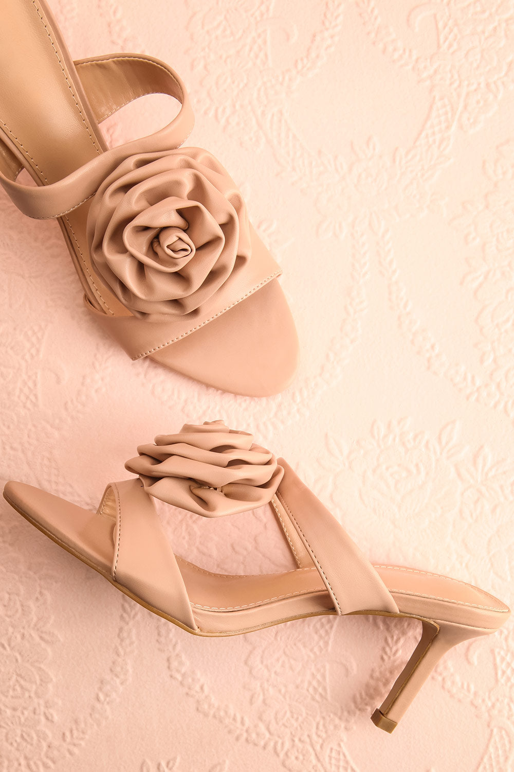 Cristine Beige Faux-Leather Heels w/ Flower Detail | Boutique 1861 flat view