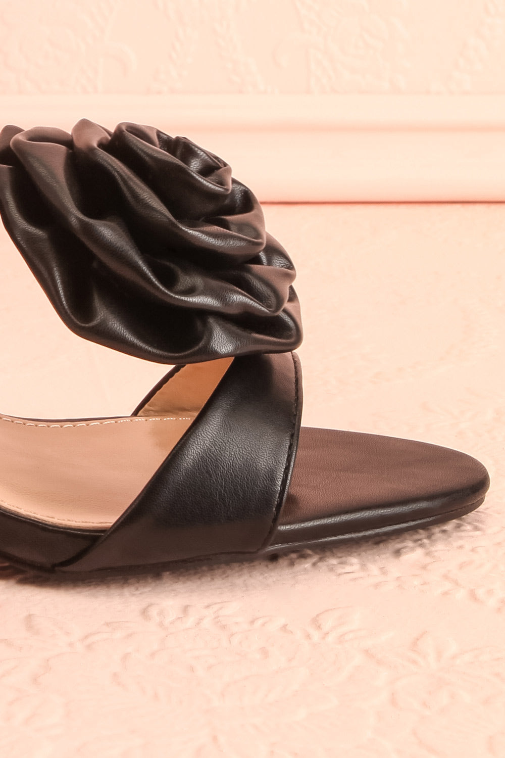 Cristine Black Faux-Leather Heels w/ Flower Detail | Boutique 1861 side front close-up