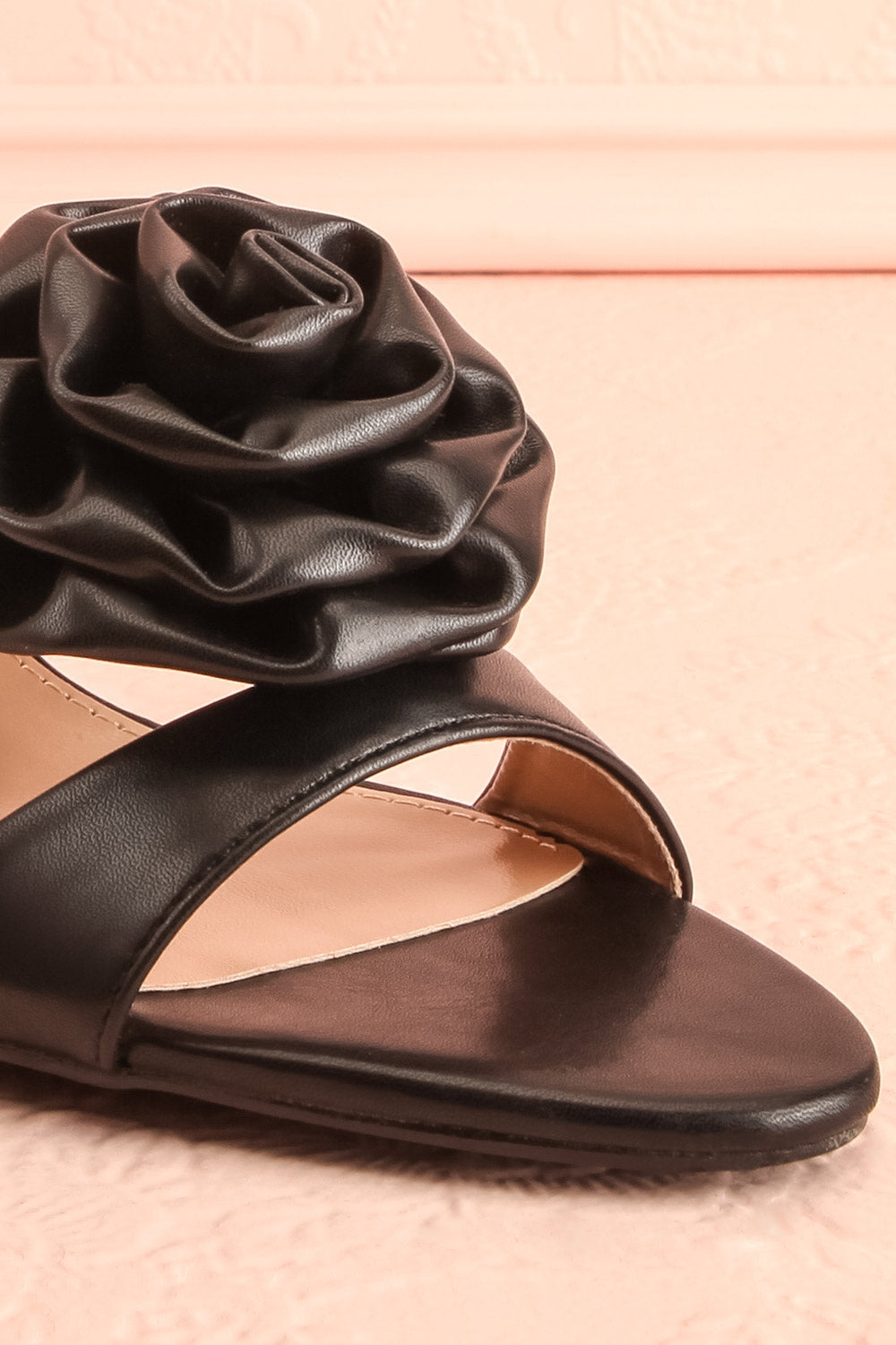 Cristine Black Faux-Leather Heels w/ Flower Detail | Boutique 1861 front close-up