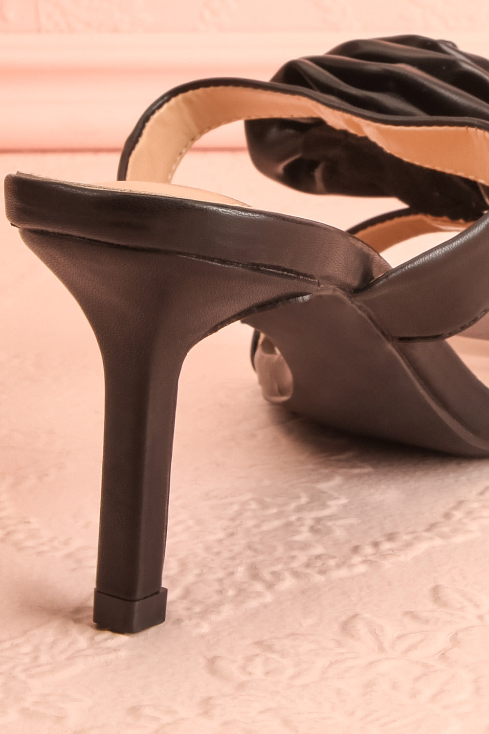 Cristine Black Faux-Leather Heels w/ Flower Detail | Boutique 1861 back close-up