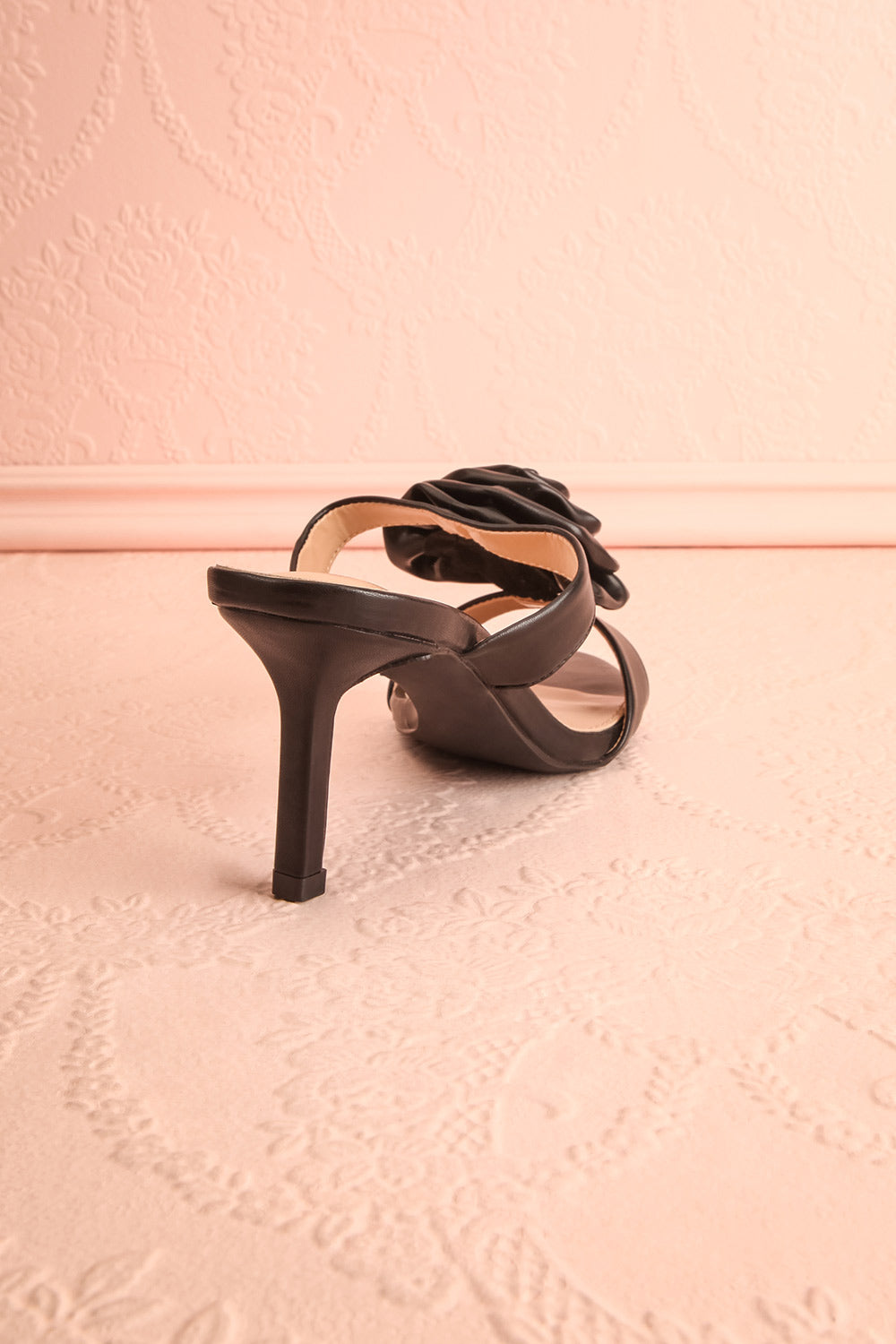 Cristine Black Faux-Leather Heels w/ Flower Detail | Boutique 1861 back view