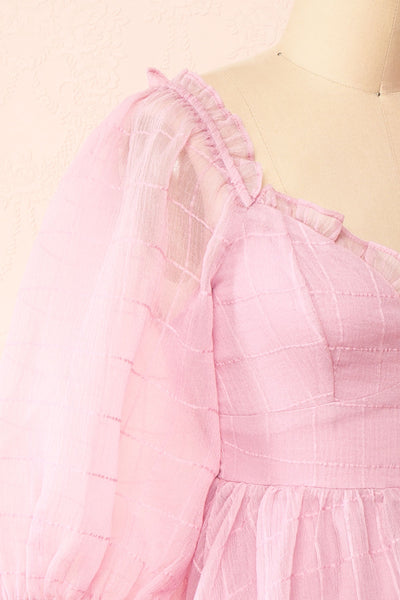 Crocus Pink Plaid Babydoll Dress w/ Puffy Sleeves | Boutique 1861 side close-up