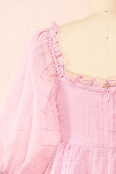 Crocus Pink Plaid Babydoll Dress w/ Puffy Sleeves | Boutique 1861 back close-up