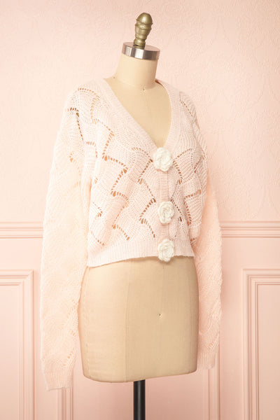 Cupidona Pink Open-work Crochet Cardigan w/ Flowers | Boutique 1861 side view