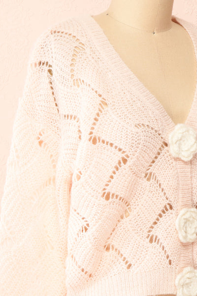 Cupidona Pink Open-work Crochet Cardigan w/ Flowers | Boutique 1861  side