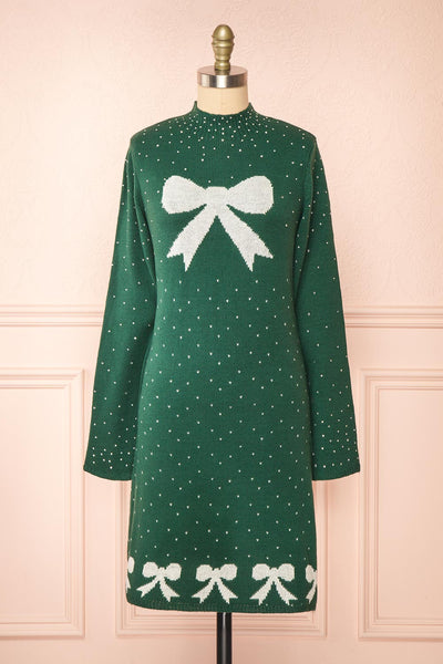 Cutiesmax Holidays Green Dress w/ Bows & Crystals | Boutique 1861 front view