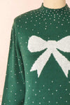 Cutiesmax Holidays Green Dress w/ Bows & Crystals | Boutique 1861 front close-up