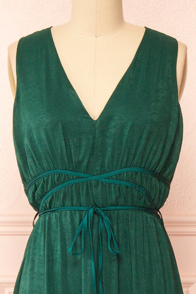 Cyriana Green Midi Dress w/ Waist Cord | Boutique 1861 front close-up
