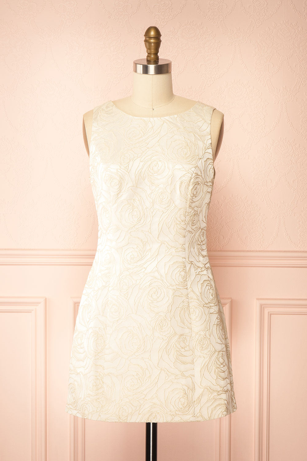 front view of mannequin wearing Daenna Ivory, a Short Floral Embroidered Dress from boutique 1861