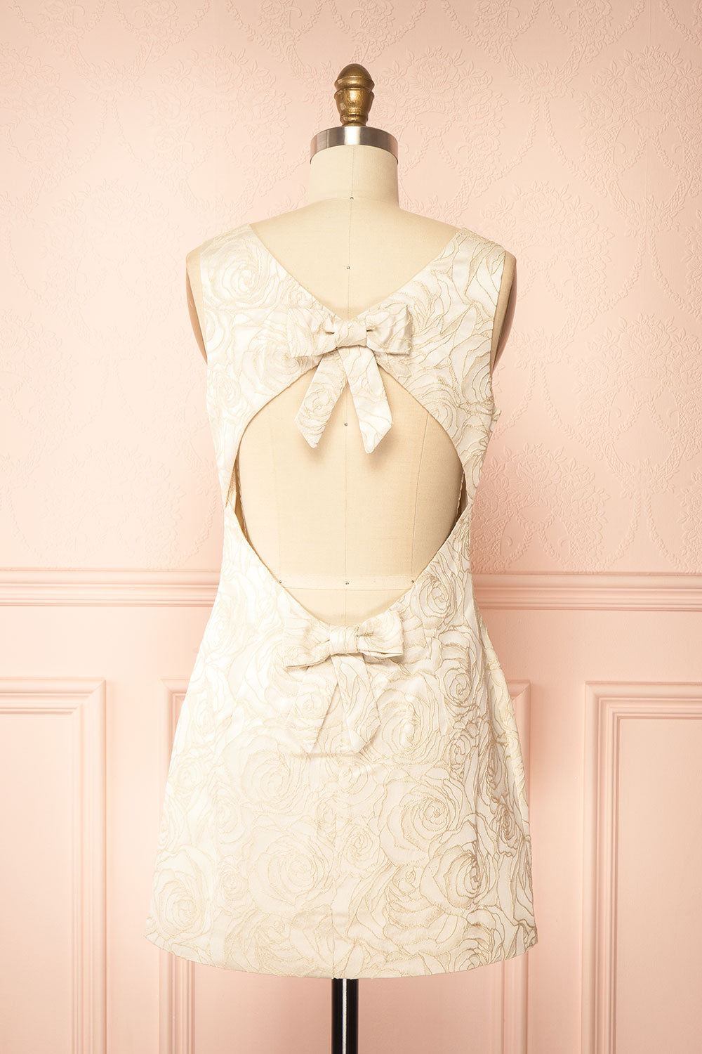 back view of mannequin wearing Daenna Ivory, a Short Floral Embroidered Dress from boutique 1861