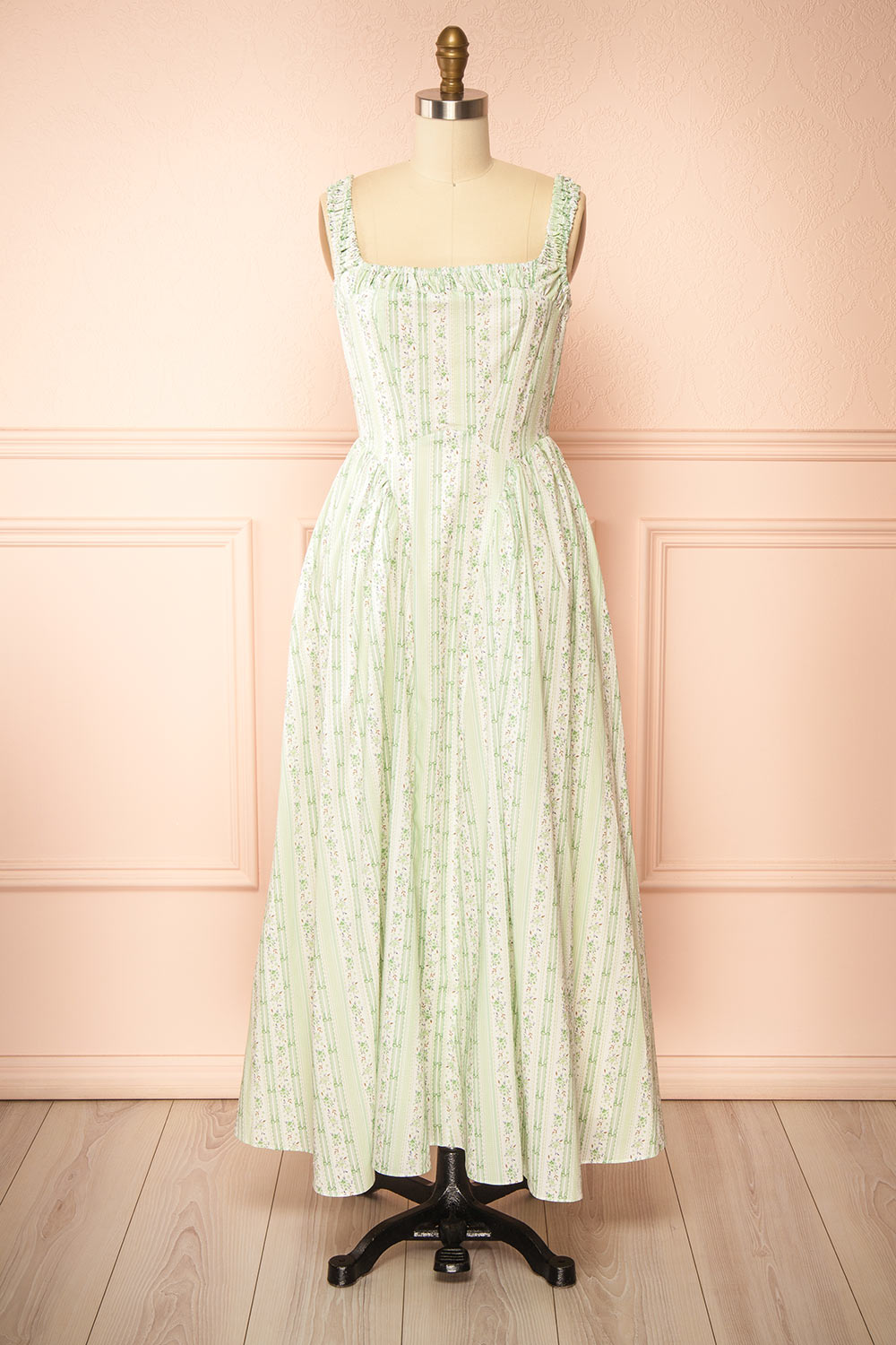 Daiko Green Floral A-Line Maxi Dress with Corset Bust | Boutique 1861 front view