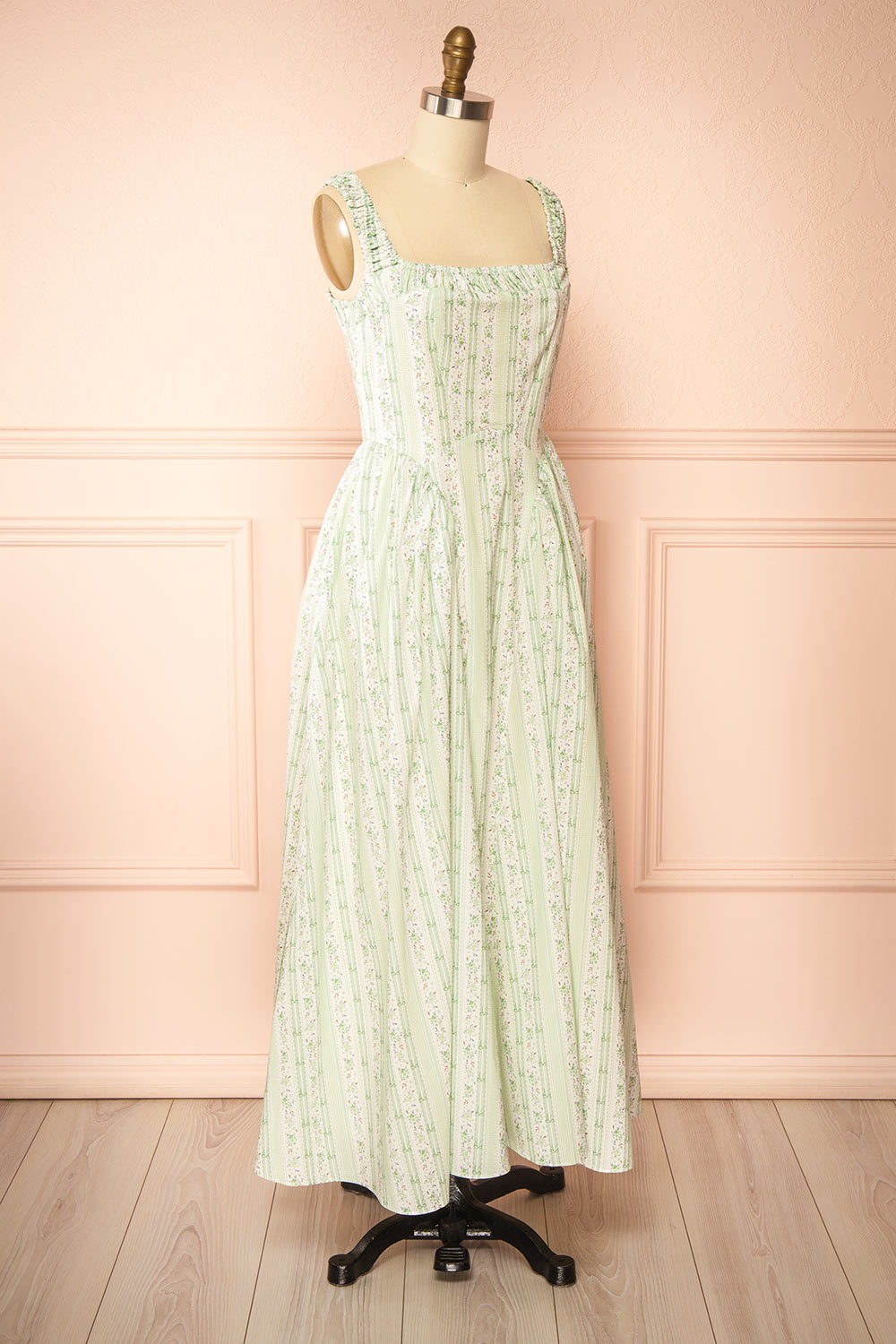 Daiko Green Floral A-Line Maxi Dress with Corset Bust | Boutique 1861 side view