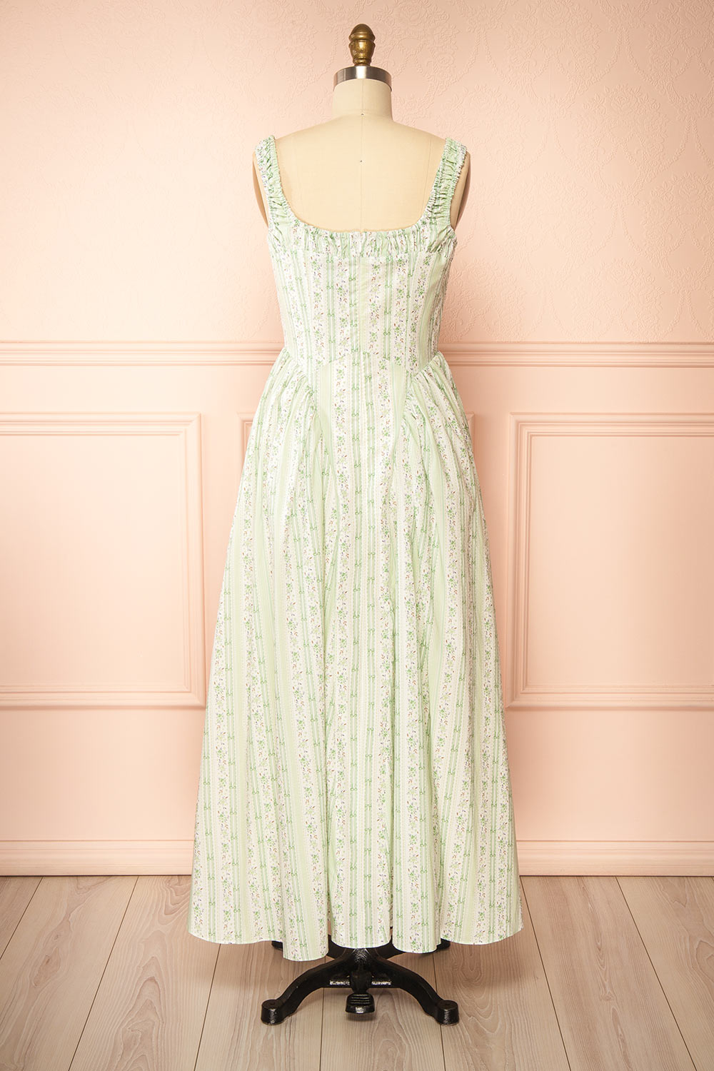 Daiko Green Floral A-Line Maxi Dress with Corset Bust | Boutique 1861 back view