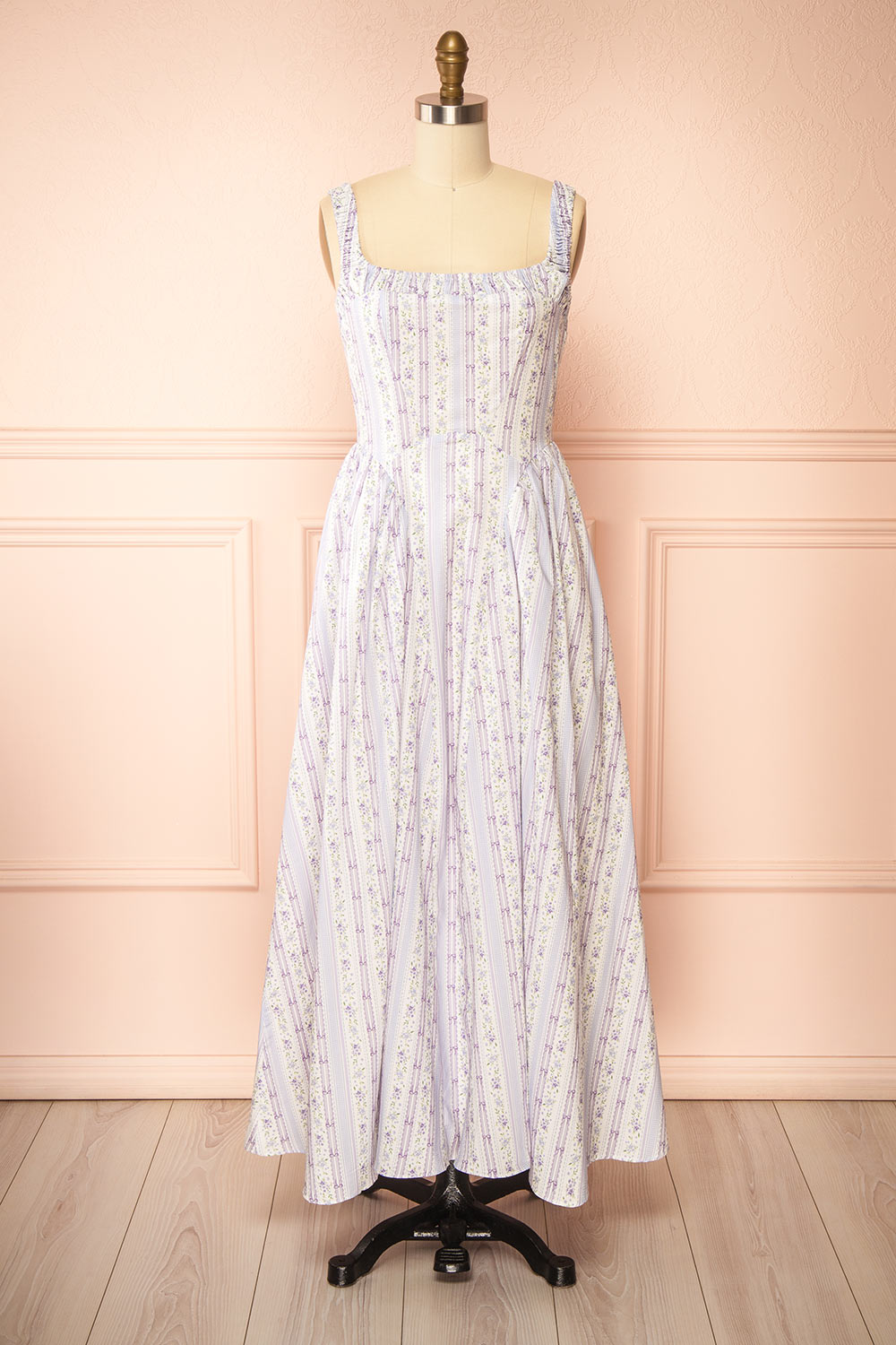 Daiko Lilac Floral A-Line Maxi Dress with Corset Bust | Boutique 1861 front view