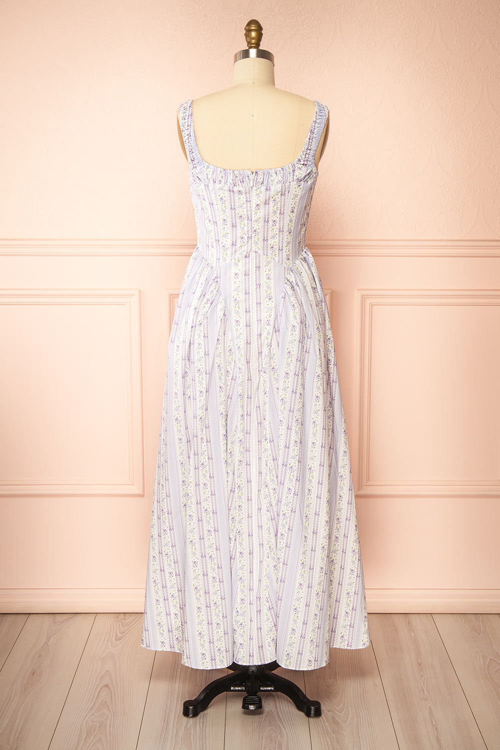 Daiko Lilac Floral A-Line Maxi Dress with Corset Bust | Boutique 1861 back view
