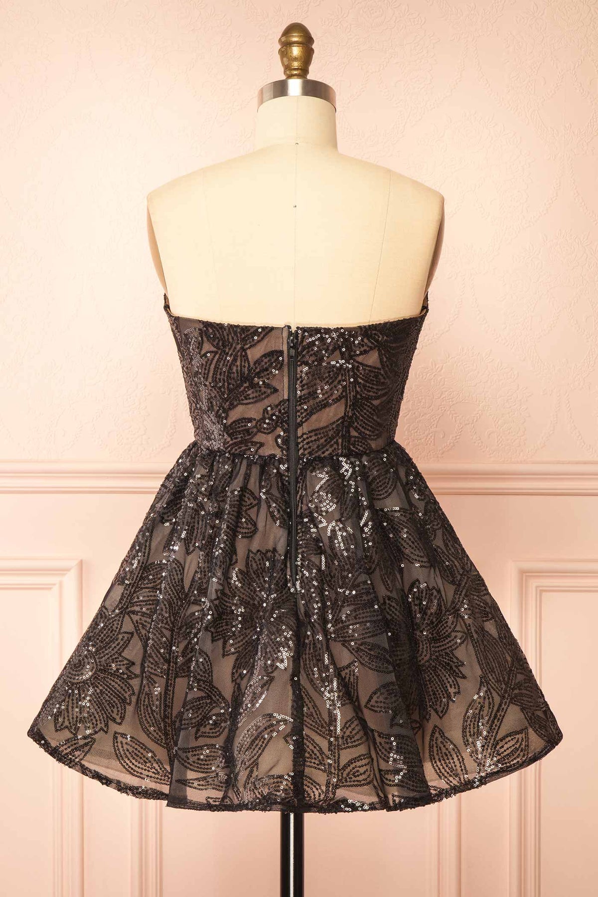 Back view of Daina Black Strapless Sequin Floral Embroidered Mini Dress at Boutique 1861 