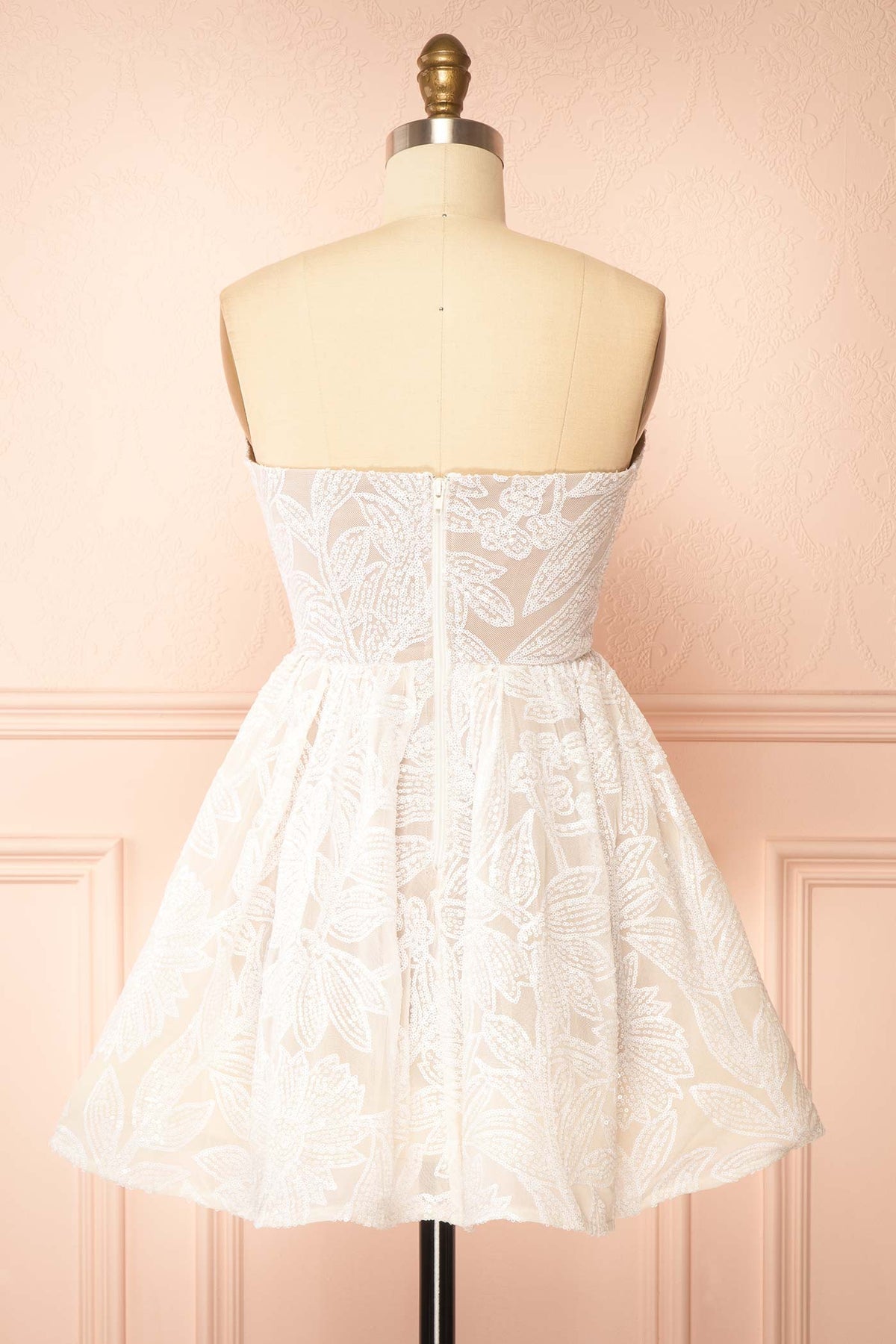 Back view of Daina White Strapless Sequin Embroidered Mini Dress at Boutique 1861 