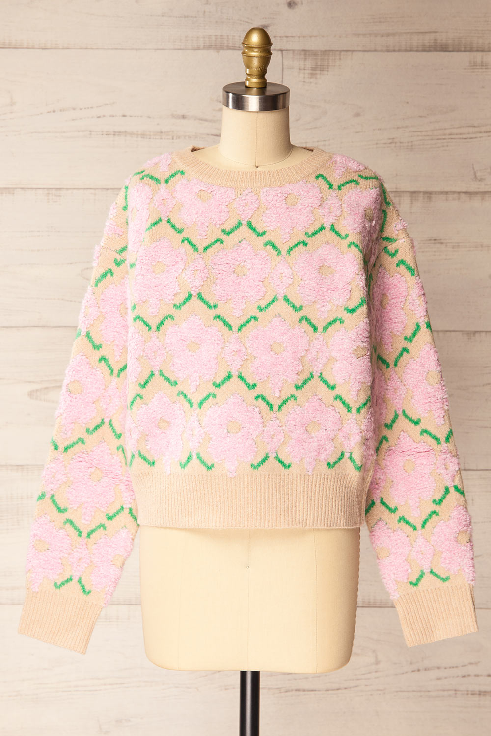 Dalhousie Beige Knit Sweater with Fuzzy Floral Pattern | La petite garçonne front view