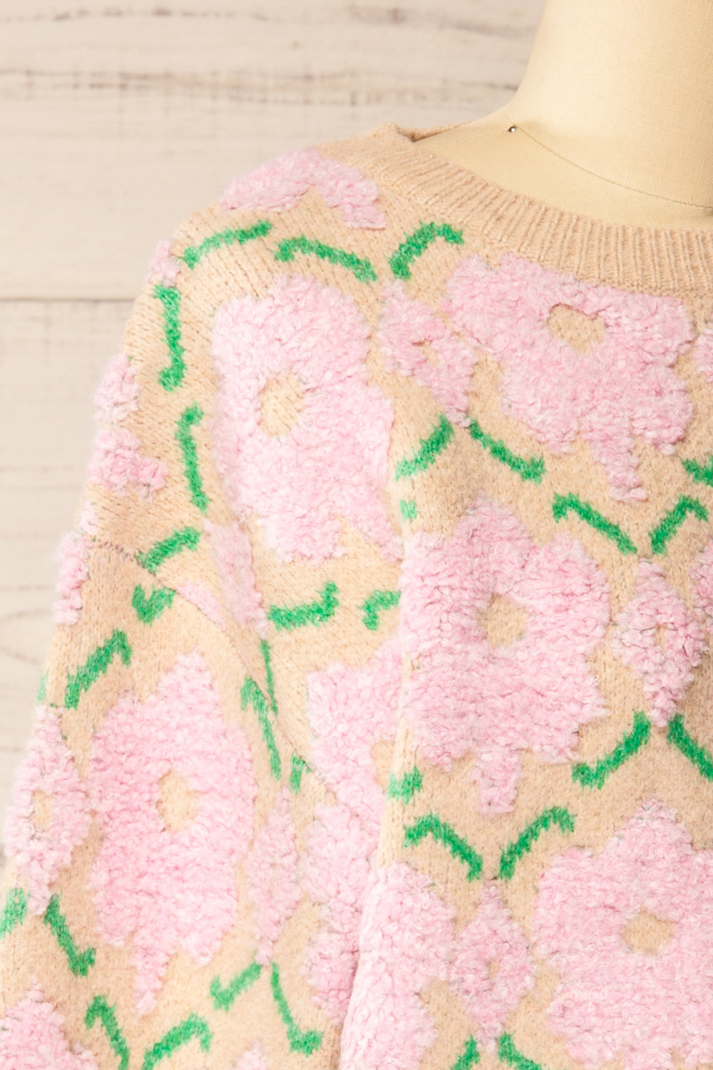 Dalhousie Beige Knit Sweater with Fuzzy Floral Pattern | La petite garçonne side