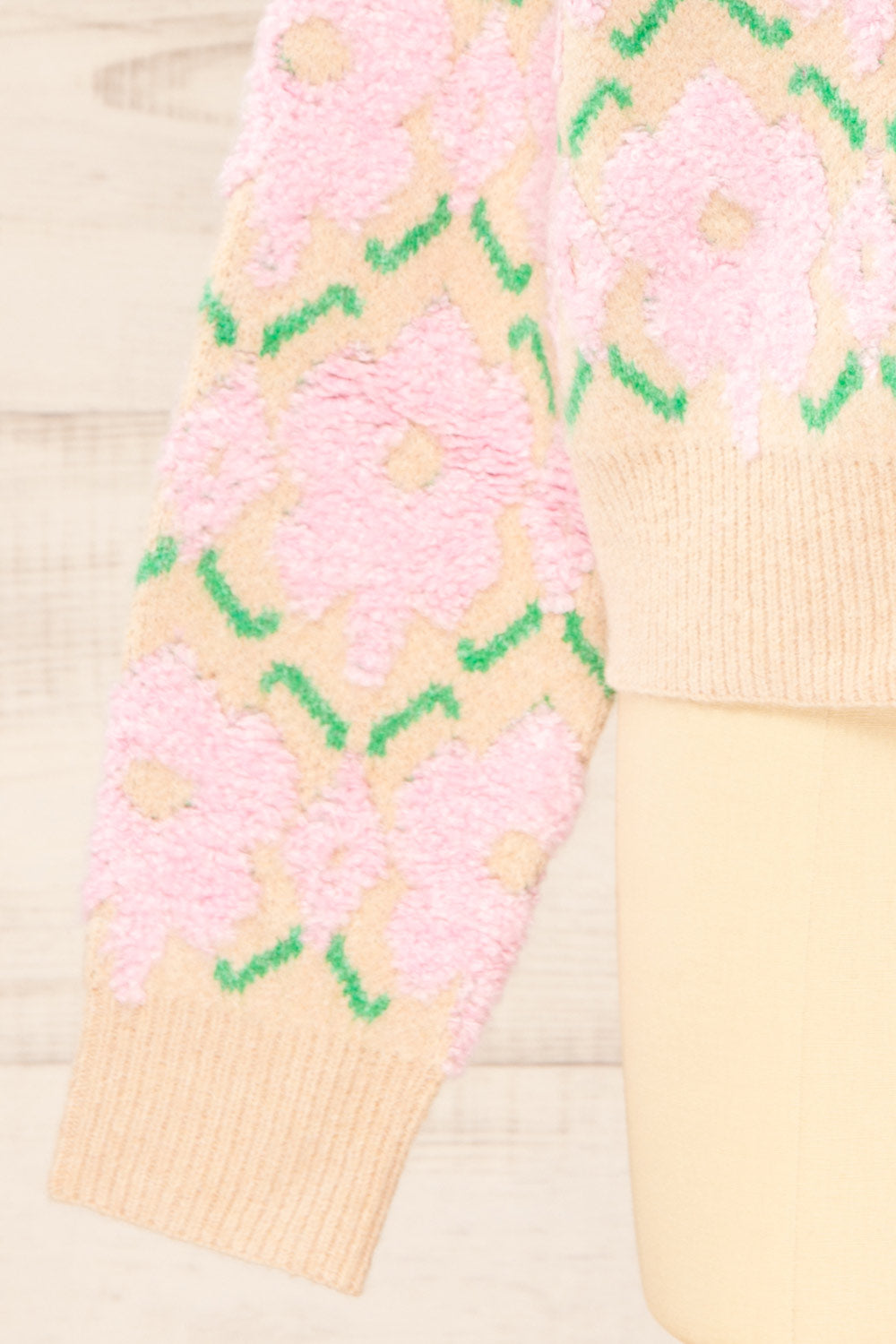 Dalhousie Beige Knit Sweater with Fuzzy Floral Pattern | La petite garçonne sleeve 