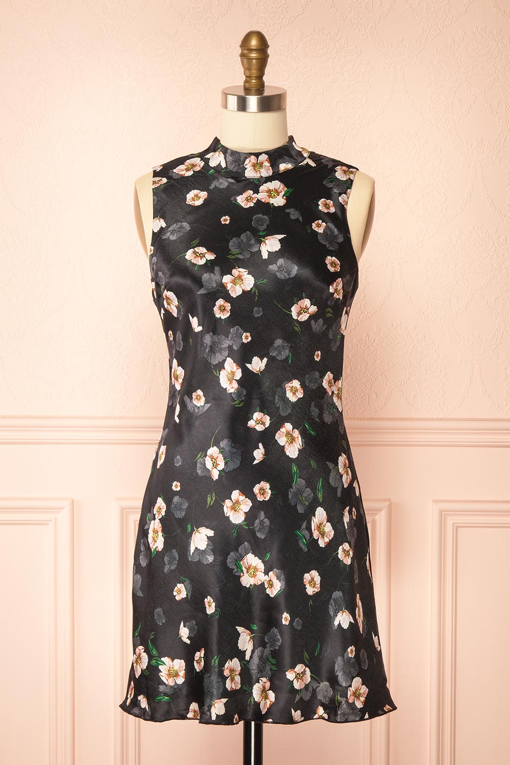 front view of sewing mannequin wearing Dalilah Short Floral Dress with Open Back from Boutique 1861