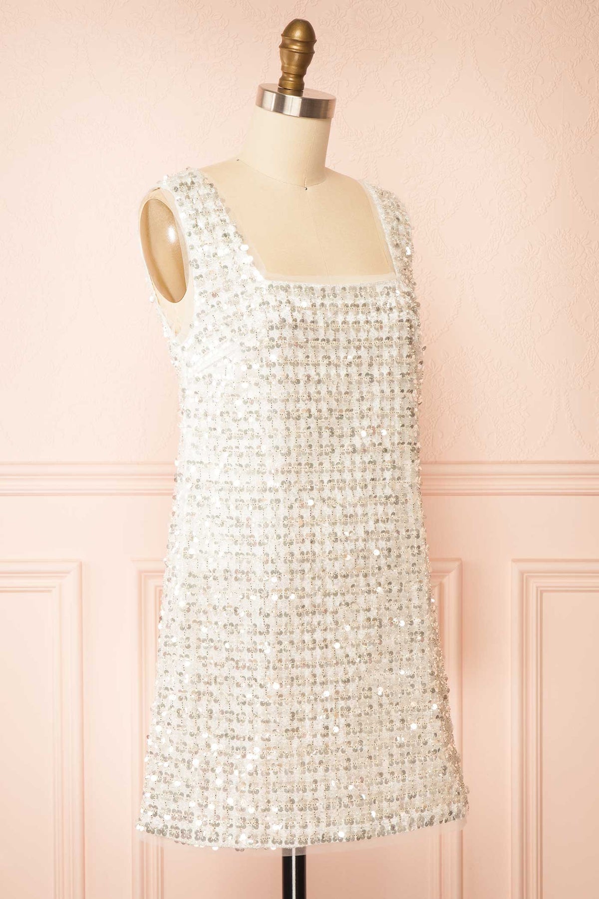 Side view of Dalinie White Short Dress with Sequins at Boutique 1861 
