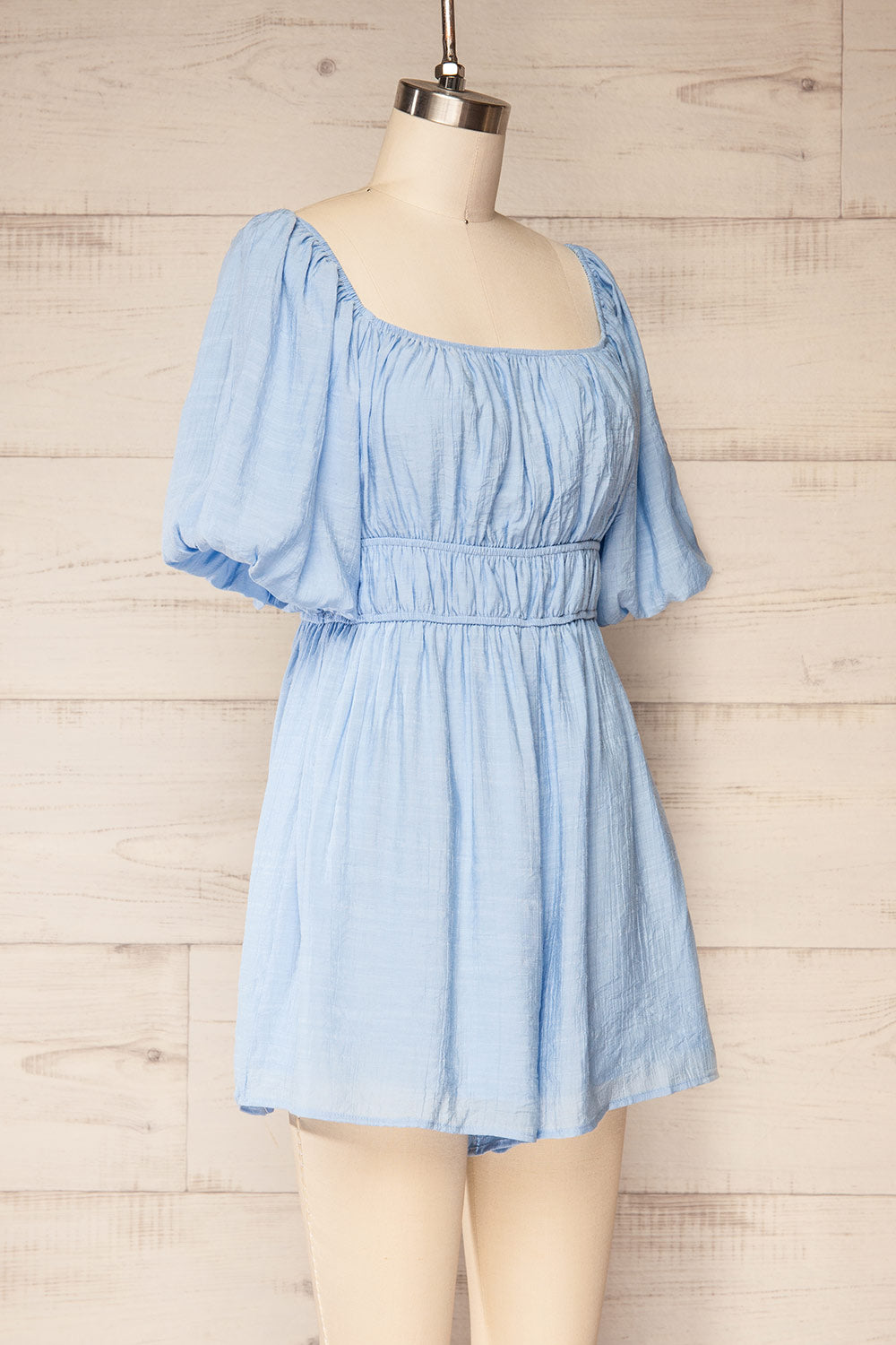 Damascus Blue Short Romper w/ Puffy Sleeves | La petite garçonne side view