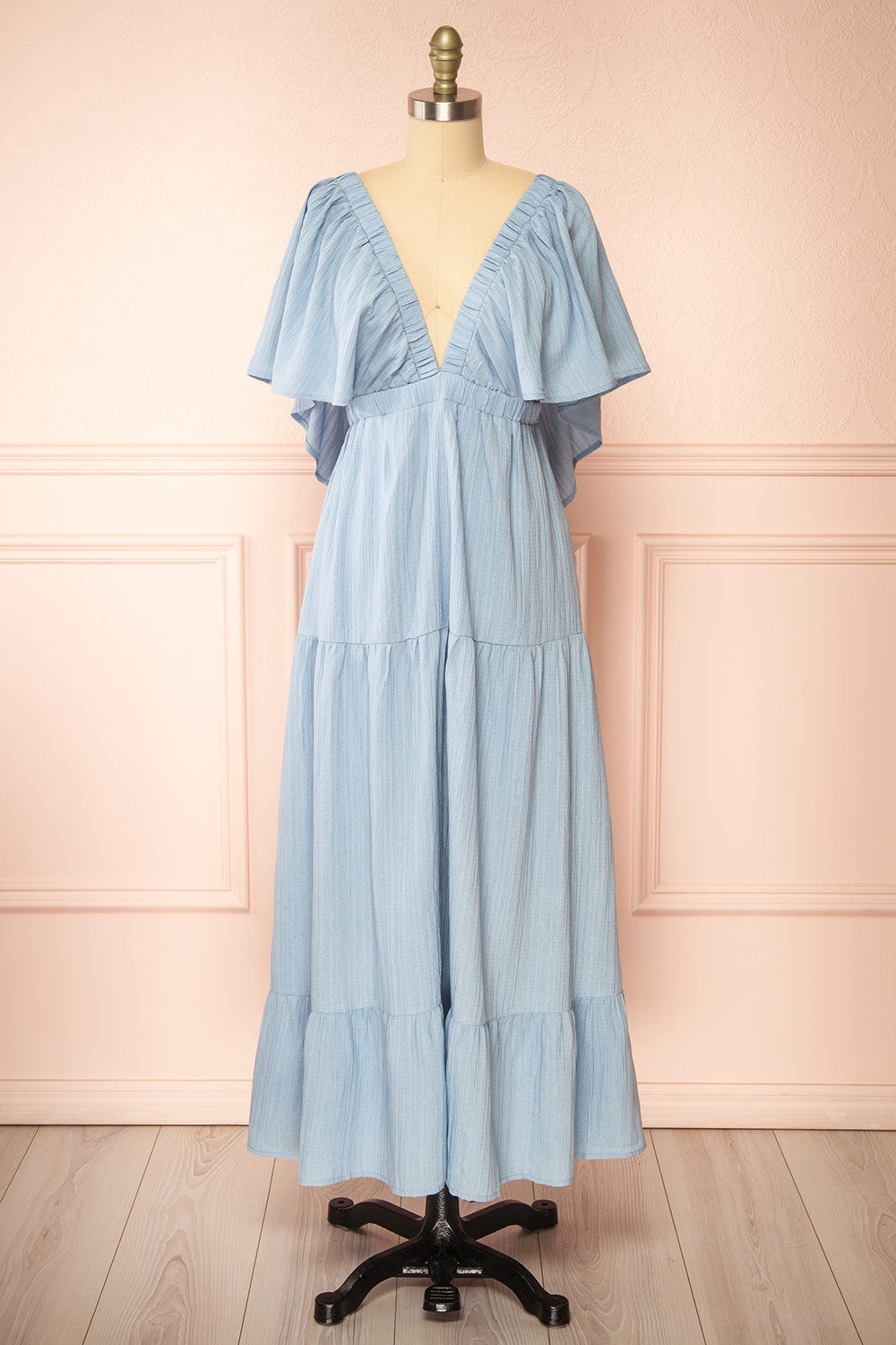 Damiana Long Blue Dress w/ Plunging Neckline | Boutique 1861  front view