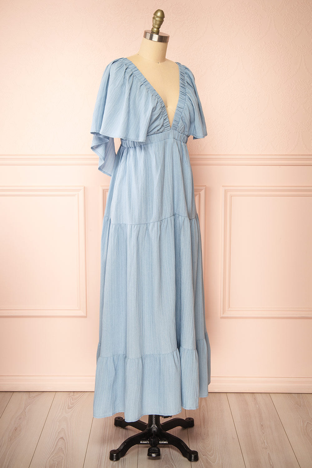 Damiana Long Blue Dress w/ Plunging Neckline | Boutique 1861 side view
