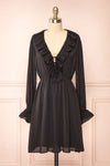 Dana Black Short Dress w/ Ruffled Neckline | Boutique 1861 front view