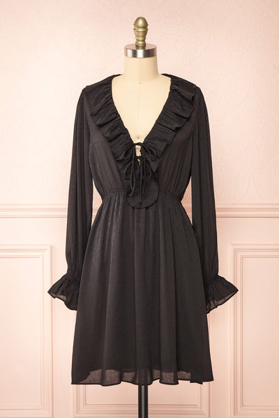 Dana Black Short Dress w/ Ruffled Neckline | Boutique 1861 front view