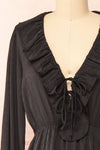 Dana Black Short Dress w/ Ruffled Neckline | Boutique 1861 front close-up