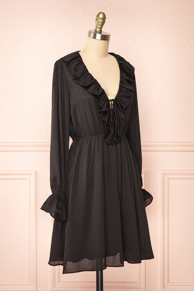 Dana Black Short Dress w/ Ruffled Neckline | Boutique 1861 side view