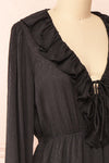 Dana Black Short Dress w/ Ruffled Neckline | Boutique 1861 side close-up