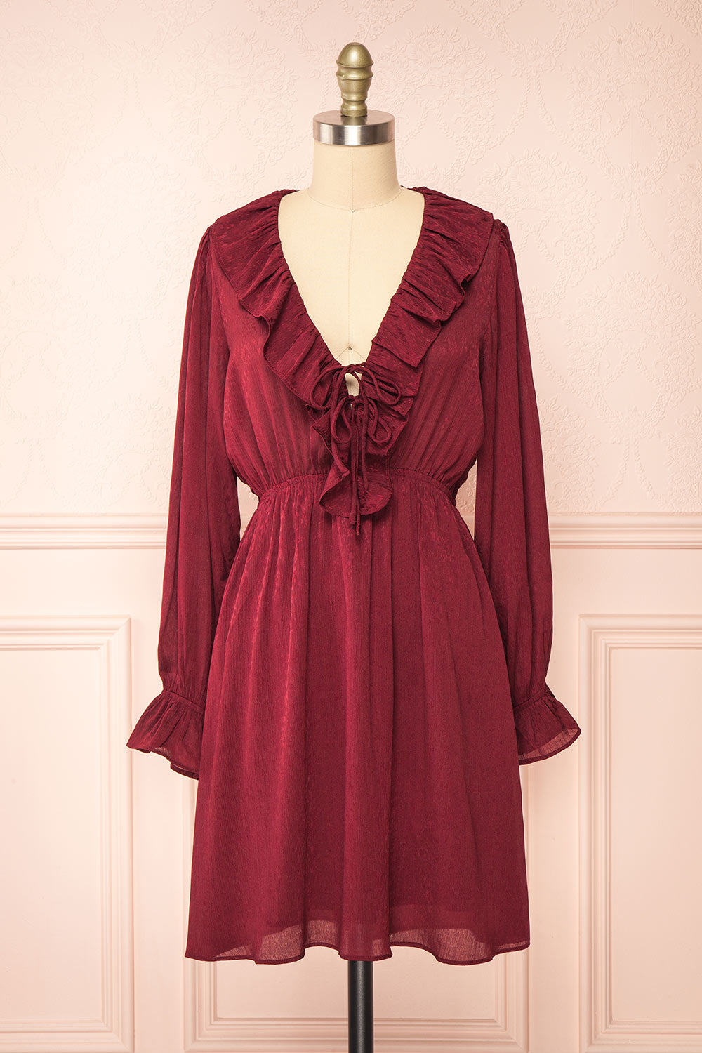 Dana Burgundy Short Dress w/ Ruffled Neckline | Boutique 1861 front view