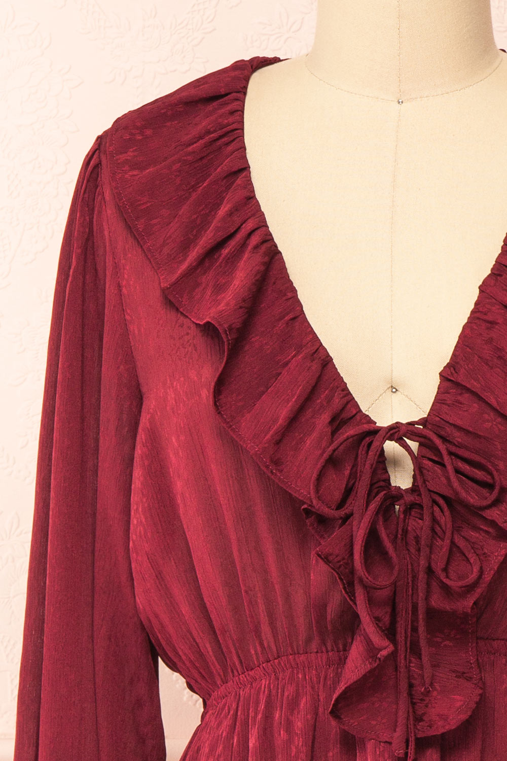 Dana Burgundy Short Dress w/ Ruffled Neckline | Boutique 1861 front close-up