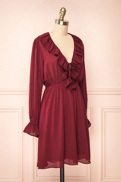 Dana Burgundy Short Dress w/ Ruffled Neckline | Boutique 1861 side view