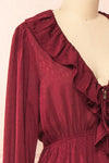 Dana Burgundy Short Dress w/ Ruffled Neckline | Boutique 1861 side close-up